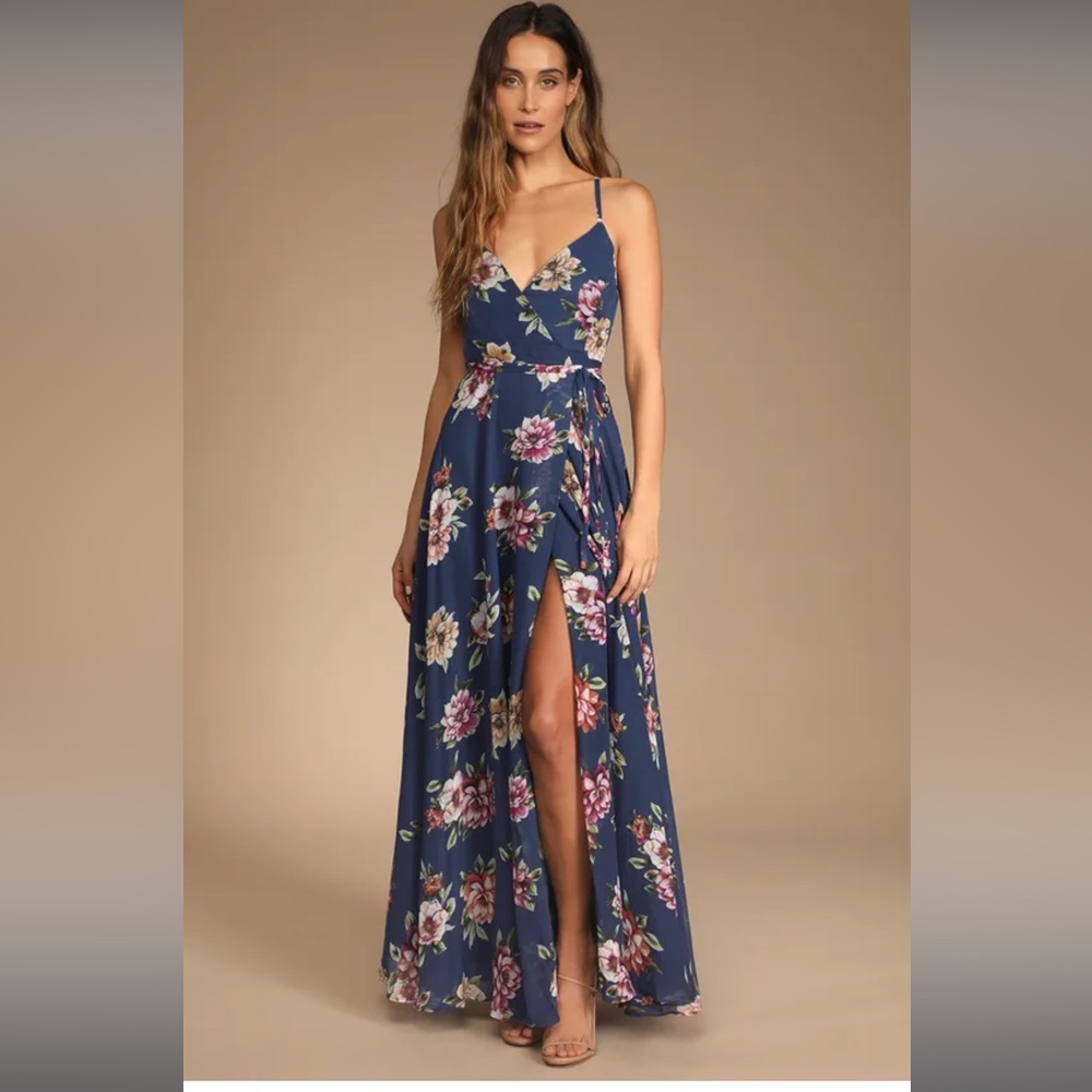 LuLu NWT Always There For Me Navy Blue Floral Print Wrap Maxi Dress